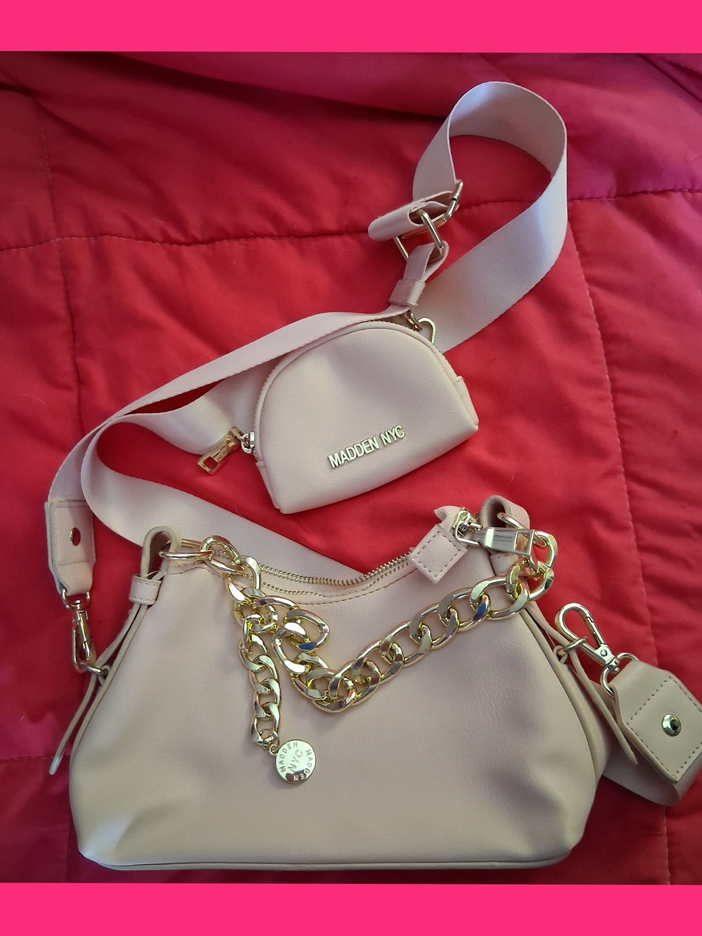 Madden NYC Pink Chain-Detail Shoulder Bag with Mini Pouch
